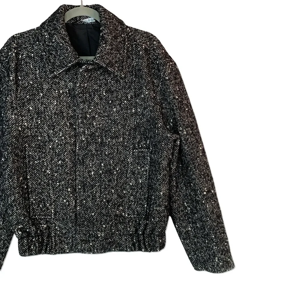 ZARA Bomber Jacket Women Medium Black Gray Zip Tweed Lined Classic - Picture 2 of 13